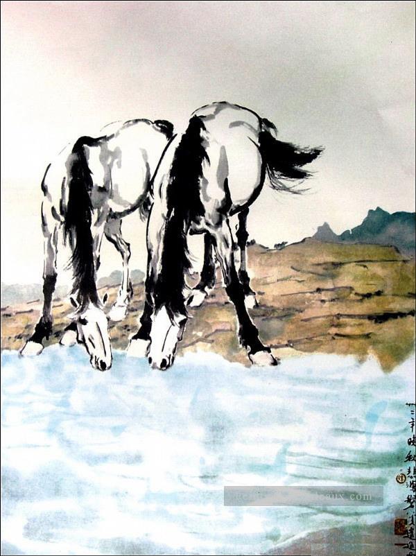 XU Beihong chevaux boire de l’eau ancienne Chine à l’encre Peintures à l'huile